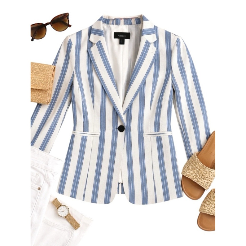 Halogen Linen Blend Izzy Blazer XS Petite Blue White Striped One Button Jacket